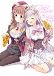 2girls atelier_(series) atelier_lulua atelier_rorona bangs blunt_bangs blush_stickers bow breasts cleavage cleavage_cutout closed_eyes clothing_cutout commentary dated dress eating elmerulia_fryxell food formal frills gem hair_ornament happy_birthday hat highres jewelry large_breasts long_hair minidraco miniskirt mother_and_daughter multiple_girls on_floor pantyhose pendant pie pie_slice pleated_skirt purple_eyes rororina_fryxell shadow simple_background sitting skirt smile thighs wariza white_background yokozuwari 