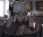  1girl animal_ears black_dress black_gloves blurry blurry_background cat_ears commentary cup dark-skinned_female dark_skin dress drinking_glass elbow_rest eyebrows_visible_through_hair final_fantasy final_fantasy_xiv fingerless_gloves gloves grey_eyes hand_on_own_head looking_at_viewer miqo&#039;te norheart parted_lips red_wine short_hair smile solo upper_body wine_glass y&#039;shtola_rhul 