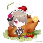  1girl alcohol apron bangs black_gloves black_legwear breasts brown_hair chibi chicken_(food) cleavage closed_mouth cup drinking_glass food fruit full_body gloves hair_over_one_eye honkai_(series) honkai_impact_3rd jin2 lemon lemon_slice lettuce looking_at_viewer maid maid_apron maid_headdress plate purple_eyes rita_rossweisse rita_rossweisse_(umbral_rose) short_hair simple_background smile solo thighhighs white_background wine wine_glass 
