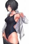  1girl amagami armpits bangs bare_shoulders black_hair black_swimsuit blush breasts clothes_pull collarbone collared_shirt commentary covered_navel dress_shirt grey_skirt highleg highleg_swimsuit highres large_breasts long_sleeves looking_at_viewer nanasaki_ai off_shoulder one-piece_swimsuit open_clothes open_shirt purple_eyes shirt short_hair skirt skirt_pull smile solo swimsuit swimsuit_under_clothes ulrich_(tagaragakuin) undressing white_shirt 