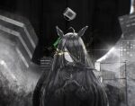  1girl ahoge animal_ears building choker closed_mouth collared_shirt commentary_request cup earrings eye_trail floating floating_object formal gloves greyscale hair_over_one_eye highres horse_ears interlocked_fingers jacket jewelry light_trail long_hair long_sleeves looking_at_viewer manhattan_cafe_(umamusume) monochrome necktie road_sign shirt sign single_earring smile solo split_mouth spot_color suit umamusume wayang yellow_eyes 