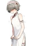  1boy androgynous armlet commentary_request crossdressing dress frilled_armband frilled_hairband frills grey_eyes grey_hair hair_over_eyes hairband male_focus original otoko_no_ko short_hair shy simple_background solo sunaba_(nczd5875) thighlet white_background white_dress 