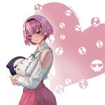  1girl absurdres bob_cut breasts closed_mouth clothing_cutout collared_shirt death-sensei_(mori_calliope) from_side heart heart_background high-waist_skirt highres holding holding_stuffed_toy hololive hololive_english large_breasts long_sleeves looking_at_viewer mori_calliope mori_calliope_(kawaiiope) neck_ribbon official_alternate_costume official_alternate_hair_length official_alternate_hairstyle pink_hair pink_skirt red_eyes ribbon seventeencrows shirt short_hair shoulder_cutout skirt smile solo stuffed_toy tsurime virtual_youtuber white_shirt 