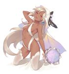  1girl bigrbear bouquet breasts dark-skinned_female dark_skin earrings flower hand_on_head highres jewelry kneeling long_hair looking_at_viewer navel open_mouth original red_eyes small_breasts solo swimsuit thighhighs veil white_hair white_legwear white_swimsuit 