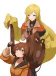  2girls bangs black_gloves blonde_hair blue_eyes brown_coat brown_eyes brown_hair coat fingerless_gloves flasso gloves guilty_gear guilty_gear_strive hair_between_eyes hair_brush highres holding holding_hair jacket long_hair long_sleeves may_(guilty_gear) millia_rage multiple_girls one_eye_closed open_mouth orange_jacket prehensile_hair smile very_long_hair white_background 