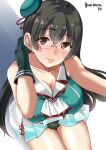  1girl bangs black_hair black_panties blue_headwear breasts chirashi_(so) choukai_(kancolle) cleavage eyebrows_visible_through_hair glasses gloves green_gloves hair_between_eyes hat highres kantai_collection large_breasts long_hair looking_at_viewer mini_hat one-hour_drawing_challenge panties parted_lips pleated_skirt red_eyes remodel_(kantai_collection) skirt sleeveless solo underwear 