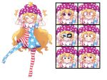  +++ 1girl :3 american_flag_dress american_flag_legwear bangs black_eyes blonde_hair blush_stickers closed_eyes clownpiece double_v expressions eyebrows_visible_through_hair fairy_wings hair_between_eyes hat jester_cap joyfull_(terrace) long_hair mask neck_ruff open_mouth pantyhose polka_dot short_sleeves simple_background solo tongue tongue_out touhou v white_background wings 