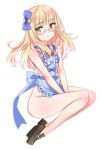  1girl alternate_costume aohashi_ame apron bare_shoulders blonde_hair blue_apron glasses highres long_hair looking_at_viewer naked_apron no_pants open_mouth perrine_h._clostermann shoes simple_background sitting solo strike_witches white_background world_witches_series yellow_eyes 