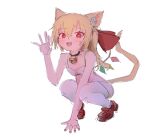  1girl :d animal_ears bell blonde_hair blush bow bra breasts brown_footwear cat_ears cat_girl cat_tail claw_pose crystal fangs flandre_scarlet hair_bow hand_on_ground headwear_removed heart heart-shaped_pupils jingle_bell kemonomimi_mode looking_at_viewer nail_polish neck_bell open_mouth red_bow red_eyes red_footwear red_nails reddizen shoes simple_background sketch small_breasts smile solo squatting symbol-shaped_pupils tail thighhighs touhou underwear white_background white_bra white_legwear wings 