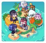  5girls =_= a-chan_(hololive) absurdres anchor_symbol animal_ears bangs beach beret black_dress black_headwear black_jacket black_shirt blooper_(mario) blouse blue_bow blue_eyes blue_hair blue_skirt blue_tank_top blunt_bangs border bow cat_ears chibi crying dice dress eyewear_on_head fang fangs fish_tail flag food fruit gawr_gura glasses grey_pants hair_bow hair_cubes hair_ornament hat headpiece heart highres holding holding_dice holding_pda holding_star hololive hololive_english houshou_marine island jacket lifeboat mario_(series) mario_party minato_aqua multicolored_hair multiple_girls nekotaririn ninomae_ina&#039;nis official_alternate_costume one_side_up open_clothes open_jacket open_mouth orange_hair outside_border palm_tree pants pda pineapple pink_eyes pink_hair power_star_(mario) purple_eyes purple_hair red_hair rope_bridge sand_castle sand_sculpture shark_tail sharp_teeth shirt shorts skirt star_(symbol) starman_(mario) sunglasses sweatdrop tail tank_top teeth tentacle_hair tree tripping two-tone_hair umisea virtual_youtuber warp_pipe watermelon white_blouse white_border white_hair white_shorts x_x 