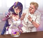  1boy 1girl @_@ apron bangs blonde_hair blunt_bangs blurry blurry_background braid braided_ponytail breasts bridal_gauntlets chef_uniform commentary crossover electricity english_commentary eyebrows_visible_through_hair food foxyreine frilled_apron frills frying_pan genshin_impact gordon_ramsay hair_ornament hand_up hands_up hell&#039;s_kitchen highres holding indoors ladle large_breasts long_hair mole mole_under_eye neck_ribbon obi open_mouth parted_lips purple_eyes purple_hair raiden_shogun raised_eyebrows real_life ribbon sash short_hair spoon tearing_up watch white_apron window wrinkled_skin wristwatch 