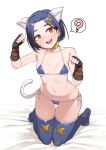  1girl :d ? animal_ear_fluff animal_ears belt_collar bikini blue_bikini blue_hair blue_legwear blush breasts brown_eyes brown_gloves cat_ears cat_tail collar fingerless_gloves full_body gloves hair_ornament hairclip hands_up head_tilt heart heart-shaped_pupils looking_at_viewer medium_breasts navel on_bed open_mouth paw_pose rinwell_(tales) short_hair side-tie_bikini simple_background smile solo spoken_question_mark sweat swimsuit symbol-shaped_pupils tail tales_of_(series) tales_of_arise thigh_gap thighhighs tiptoes wakamesan white_background x_hair_ornament 