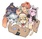  :3 :d animal_hood animalization bangs black_jacket blonde_hair blue_eyes blue_hair blush box brown_capelet brown_headwear capelet cardboard_box cat commentary death-sensei_(mori_calliope) deerstalker eyebrows_visible_through_hair fang gawr_gura gradient_hair green_eyes hat hololive hololive_english holomyth hood hood_up in_box in_container jacket long_hair looking_at_viewer mitsumine_(ookami_no_oyashiro) mori_calliope multicolored_hair necktie ninomae_ina&#039;nis open_mouth orange_hair orange_headwear pink_hair purple_eyes purple_hair red_eyes red_necktie shark_hood short_hair simple_background smile streaked_hair symbol-only_commentary takanashi_kiara tako_(ninomae_ina&#039;nis) tiara veil virtual_youtuber watson_amelia white_background white_hair 