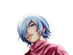 1girl bangs blue_eyes blue_hair bruise bruise_on_face cloak commentary_request derivative_work eyebrows_visible_through_hair g4265059 gradient_hair hair_over_one_eye injury kirishima_touka looking_at_viewer multicolored_hair red_cloak shiny shiny_hair short_hair simple_background solo teeth tokyo_ghoul tokyo_ghoul:re white_background 
