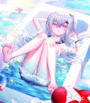  1girl :o alternate_costume arknights bandaid bandaid_on_pussy bandaids_on_nipples bare_legs barefoot bathtub blue_sailor_collar blue_skirt breasts bubble collarbone commentary_request dated feet full_body hair_ornament infection_monitor_(arknights) legs_up long_hair lying moonlgnance on_back one_side_up orca_hair_ornament panties panties_removed partially_submerged pasties red_eyes sailor_collar shirt silver_hair skadi_(arknights) skirt small_breasts soles underwear very_long_hair water wet wet_clothes wet_shirt white_panties white_shirt 