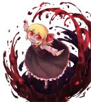  1girl ambiguous_red_liquid ascot blonde_hair bobby_socks dress eyebrows_visible_through_hair fang frilled_dress frills hair_between_eyes hair_ribbon highres joyfull_(terrace) long_sleeves looking_at_viewer looking_up mary_janes open_mouth red_ascot red_eyes red_ribbon ribbon rumia shoes short_hair simple_background socks solo t-pose touhou white_background white_sleeves 