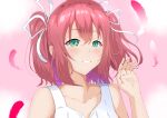  1girl absurdres bangs birthday collarbone commentary_request eyebrows_visible_through_hair green_eyes hair_ribbon highres kurosawa_ruby looking_at_viewer love_live! love_live!_sunshine!! oshiruko_kizoku pink_feathers portrait red_hair ribbon shiny shiny_hair short_hair sidelocks smile solo two_side_up 