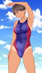  1girl arm_at_side arm_over_head armpits blue_sky breasts brown_eyes brown_hair cloud competition_swimsuit eyebrows_visible_through_hair groin highleg looking_at_viewer medium_breasts one-piece_swimsuit original short_hair sky smile solo standing swimsuit tan tanaka_rikimaru tanlines thighs 