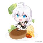  1girl :d antenna_hair bangs black_footwear boots chibi food fruit full_body hair_between_eyes honkai_(series) honkai_impact_3rd jin2 lemon lettuce long_hair long_sleeves looking_at_viewer nun omelet open_mouth plate side_ponytail simple_background smile solo steak theresa_apocalypse theresa_apocalypse_(valkyrie_pledge) tomato v-shaped_eyebrows white_background white_hair 