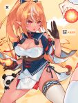  1girl bangs blue_bow bow breasts brown_gloves cleavage commentary_request eyebrows_visible_through_hair fighting_stance fire gloves hair_bow highres hololive hololive_english large_breasts long_hair looking_at_viewer multicolored_hair orange_hair pointy_ears shiranui_flare single_thighhigh solo_focus standing streaked_hair takanashi_kiara thighhighs virtual_youtuber waterring white_background white_hair 