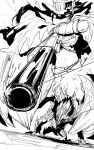  1girl absurdres aiming_at_viewer cape covered_face greyscale gun hat highres holding holding_gun holding_weapon looking_at_viewer midriff monochrome monster monster_hunter_(character) monster_hunter_(series) navel niwarhythm rifle solo valstrax weapon wroggi_(armor) 