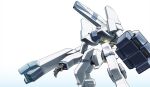  blue_background dutch_angle glowing glowing_eye gradient gradient_background idolmaster idolmaster_xenoglossia imber looking_up mecha no_humans open_hand pink_eyes solo white_background windy_(rpsa7872) 