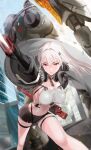  1girl bangs black_gloves breasts city gloves hair_ornament hairclip highres holding holding_sword holding_weapon kfr large_breasts long_hair looking_at_viewer mecha motion_blur original outdoors red_eyes shorts solo sword weapon white_hair 