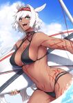  1girl animal_ears bikini black_bikini black_hairband blue_eyes blue_sky body_markings breasts caenis_(fate) caenis_(swimsuit_rider)_(fate) cleavage cloud dark-skinned_female dark_skin dutch_angle eyebrows_visible_through_hair eyewear_on_head fate/grand_order fate_(series) hairband harpoon large_breasts multi-strapped_bikini navel open_mouth sabamori sky sunglasses surf surfboard swimsuit tattoo thighs white_hair white_nails wristband 