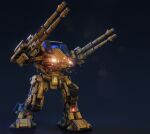  3d aiming arm_cannon battletech cannon choujikuu_yousai_macross commentary damaged defender destroid english_commentary highres lights machinery macross mecha muzzle no_humans original radar realistic redesign rickstefani rifleman robotech roundel science_fiction sign solo u.n._spacy walker warning_sign weapon 