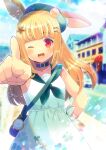  1girl ;d animal_ear_fluff bag bangs beret blonde_hair blunt_bangs blurry blurry_background commentary_request depth_of_field dress ears_through_headwear eyebrows_visible_through_hair green_headwear green_neckerchief green_sailor_collar hair_ornament hat kou_hiyoyo long_hair looking_at_viewer neckerchief one_eye_closed open_mouth original outstretched_arm pocket_watch pointing pointing_at_viewer red_eyes sailor_collar shoulder_bag sleeveless sleeveless_dress smile solo star_(symbol) star_hair_ornament very_long_hair watch white_dress 