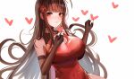  1girl absurdres black_gloves blush breasts brown_hair china_dress chinese_clothes closed_mouth covered_navel dress dsr-50_(girls&#039;_frontline) elbow_gloves eyebrows_visible_through_hair flower ga_yeah girls&#039;_frontline gloves hair_flower hair_ornament hand_up heart heart_print highres large_breasts long_hair looking_at_viewer nail_polish partially_fingerless_gloves red_dress red_eyes red_nails solo upper_body white_background 