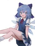  1girl :d bare_legs blue_dress blue_eyes blue_hair blush bow breasts child cirno collared_shirt crossed_legs dress eyebrows_visible_through_hair eyes_visible_through_hair hair_between_eyes hair_bow hair_ornament highres ice ice_wings looking_at_viewer necktie open_mouth puffy_short_sleeves puffy_sleeves red_necktie red_ribbon reddizen ribbon shirt short_sleeves simple_background sketch small_breasts smile socks solo thighs tooth_gap touhou white_background white_legwear white_shirt wings 
