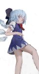  1girl :| bare_legs blue_dress blue_eyes blue_hair blush bow bowtie cirno closed_mouth dress eyebrows_visible_through_hair eyes_visible_through_hair flat_chest from_below hair_bow hair_ornament highres ice ice_wings looking_down red_bow red_bowtie reddizen shirt sketch thighs touhou white_background white_shirt wings 