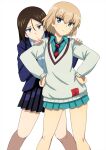  2girls amate_yuzuriha amate_yuzuriha_(cosplay) behind_another blazer blonde_hair blue_eyes blue_jacket blue_skirt blush bob_cut brown_hair closed_mouth collared_shirt commentary cosplay dress_shirt feet_out_of_frame frown girls_und_panzer green_shirt green_skirt gundam gundam_gquuuuuux hair_between_eyes hands_on_another&#039;s_shoulders hands_on_own_hips head_tilt hiding hiding_behind_another highres jacket jitome katyusha_(girls_und_panzer) legs_apart long_hair long_sleeves looking_at_another looking_at_viewer miniskirt multiple_girls necktie nonna_(girls_und_panzer) nyaan_(gundam_gquuuuuux) nyaan_(gundam_gquuuuuux)_(cosplay) omachi_(slabco) pleated_skirt red_necktie school_uniform shirt short_hair simple_background skirt standing sweatdrop sweater v-neck white_background white_shirt white_sweater wing_collar 