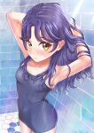  1girl absurdres akajiyuuki armpits ass blush collarbone eyebrows_visible_through_hair highres long_hair looking_at_viewer one-piece_swimsuit open_mouth precure purple_hair school_swimsuit showering signature solo standing suzumura_sango swimsuit tropical-rouge!_precure wet wet_clothes wet_swimsuit yellow_eyes 