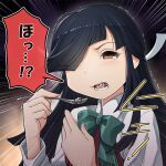  1girl bangs black_hair blue_neckwear brown_eyes commentary_request dress eating food food_in_mouth hair_over_one_eye hayashimo_(kancolle) highres holding holding_spoon kantai_collection long_hair mizuki_kyou open_mouth purple_dress shirt solo speech_bubble spoon tears translation_request trembling upper_body white_shirt 