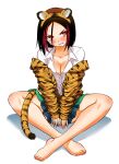  1girl animal_ear_hairband animal_ears animal_print bare_legs barefoot black_hair blush breasts cleavage clenched_teeth collarbone commentary_request fake_animal_ears full_body green_skirt hairband highres indian_style itachi_sakurako jacket long_sleeves looking_at_viewer medium_breasts multicolored_hair off_shoulder orange_jacket pleated_skirt print_jacket red_eyes red_hair school_uniform shadow shirt short_hair simple_background sitting skirt sogabe_toshinori solo streaked_hair tail teeth tiger_ears tiger_print tiger_tail white_background white_shirt yankee_jk_kuzuhana-chan 