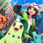  1girl :d arm_up ayo_(ayosanri009) brown_eyes brown_hair building charizard chikorita cloud commentary_request day eyelashes female_protagonist_(pokemon_legends:_z-a) green_jacket happy hat jacket mega_charizard_x open_clothes open_jacket open_mouth outdoors pokemon pokemon_(creature) pokemon_legends:_z-a shirt signature sky smile starter_pokemon_trio teeth tepig tongue totodile upper_teeth_only white_hat white_shirt 