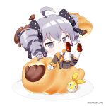  1girl antenna_hair bangs bow bowtie bronya_zaychik bronya_zaychik_(wolf&#039;s_dawn) brown_jacket chibi closed_mouth drill_hair earrings food full_body grey_eyes grey_hair hair_between_eyes homu_(honkai_impact) honkai_(series) honkai_impact_3rd jacket jewelry jin2 long_sleeves looking_at_viewer plate red_footwear shoe_soles shoes simple_background solo twin_drills white_background yellow_bow yellow_bowtie 