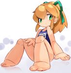  1girl barefoot blonde_hair blush_stickers closed_mouth feet green_eyes green_ribbon hair_ribbon joints karukan_(monjya) long_hair looking_at_viewer mega_man_(classic) mega_man_(series) one-piece_swimsuit ponytail ribbon robot_joints roll_(mega_man) school_swimsuit simple_background solo swimsuit white_background 