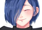  1girl bangs black_shirt blue_hair close-up closed_eyes closed_mouth derivative_work face facing_viewer g4265059 hair_over_one_eye kirishima_touka portrait shiny shiny_hair shiny_skin shirt short_hair simple_background smile solo tearing_up tears tokyo_ghoul white_background 