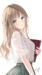  1girl artist_name bangs blonde_hair blue_eyes blush book green_skirt head_tilt highres holding holding_book lace long_hair looking_at_viewer original parted_lips pleated_skirt puracotte shirt short_sleeves signature simple_background skirt solo standing white_background white_shirt 
