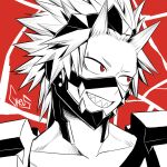  1boy absurdres boku_no_hero_academia collarbone commentary cyfrus english_commentary greyscale grin headgear highres kirishima_eijiro male_focus monochrome portrait red_background sharp_teeth signature smile solo spiked_hair spot_color teeth 