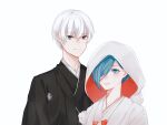  1boy 1girl alternate_costume bangs black_eyes black_kimono blue_eyes blue_hair closed_mouth eyebrows_visible_through_hair g4265059 grey_background hair_over_one_eye highres hood hood_up japanese_clothes kaneki_ken kimono kirishima_touka looking_at_viewer short_hair simple_background smile tokyo_ghoul two-sided_fabric upper_body white_background white_kimono 