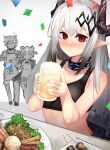  1boy 2girls alcohol ao_oni_(onioni-aoi) arknights bangs bare_shoulders beer beer_mug crop_top cup demon_horns food gummy_(arknights) highres horns infection_monitor_(arknights) jaye_(arknights) mudrock_(arknights) mug multiple_girls parted_lips pointy_ears red_eyes silver_hair solo_focus 