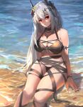  1girl absurdres arknights beach bikini black_bikini black_collar blush breasts cleavage collar feet_out_of_frame flower grey_hair hair_flower hair_ornament highres infection_monitor_(arknights) large_breasts long_hair looking_at_viewer mkt_(pixiv15187870) mudrock_(arknights) oripathy_lesion_(arknights) parted_lips partially_submerged red_eyes sand sitting solo swimsuit thighs water yellow_flower 