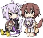  2girls :d ahoge animal_ear_fluff animal_ears bangs black_hoodie blush_stickers bone_hair_ornament brown_eyes brown_hair cartoon_bone cat_ears cat_girl cat_tail closed_mouth commentary_request cushion dog_ears dog_girl dog_tail dress eyebrows_visible_through_hair fang hair_between_eyes hair_ornament highres holding hololive hood hood_down hoodie inugami_korone jacket kneeling long_sleeves multiple_girls nekomata_okayu off_shoulder open_clothes open_jacket open_mouth pants puffy_long_sleeves puffy_sleeves purple_eyes purple_hair red_legwear shoe_soles shoes sitting sketch sleeves_past_wrists smile tail toumori_kanna virtual_youtuber white_dress white_pants yellow_footwear yellow_jacket 