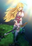  1girl ahoge bangs blonde_hair boots breasts cleavage cliff clothing_cutout eyebrows_visible_through_hair floating_hair highres holding holding_sword holding_weapon long_hair medium_breasts milla_maxwell paintedmike pink_eyes pink_footwear shoulder_cutout smile solo sunlight sword tales_of_(series) tales_of_xillia water weapon 