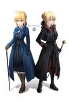  2girls absurdres ahoge artoria_pendragon_(fate) bangs black_footwear black_gloves blonde_hair blue_neckwear boots bow braid braided_bun cane capelet character_name closed_mouth collared_shirt crown_braid dress_shirt dual_persona fate/stay_night fate_(series) formal frown full_body gloves green_eyes hair_between_eyes hair_bun hair_ribbon hand_on_hip highres holding holding_cane knee_boots long_skirt looking_at_viewer multiple_girls pant_suit pantyhose ribbon saber saber_alter scowl shirt shoes skirt smile suit tailcoat tsurupy v-shaped_eyebrows waistcoat white_shirt 