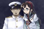  1boy 1girl admiral_(kancolle) bangs black_background blue_eyes blue_sailor_collar commentary_request empty_eyes facial_hair glasses hairband hat kantai_collection kimetsu_no_yaiba long_hair mizuki_kyou ooyodo_(kancolle) open_mouth parody red_hairband red_neckwear sailor_collar scene_reference school_uniform serafuku shaded_face simple_background upper_body white_headwear 